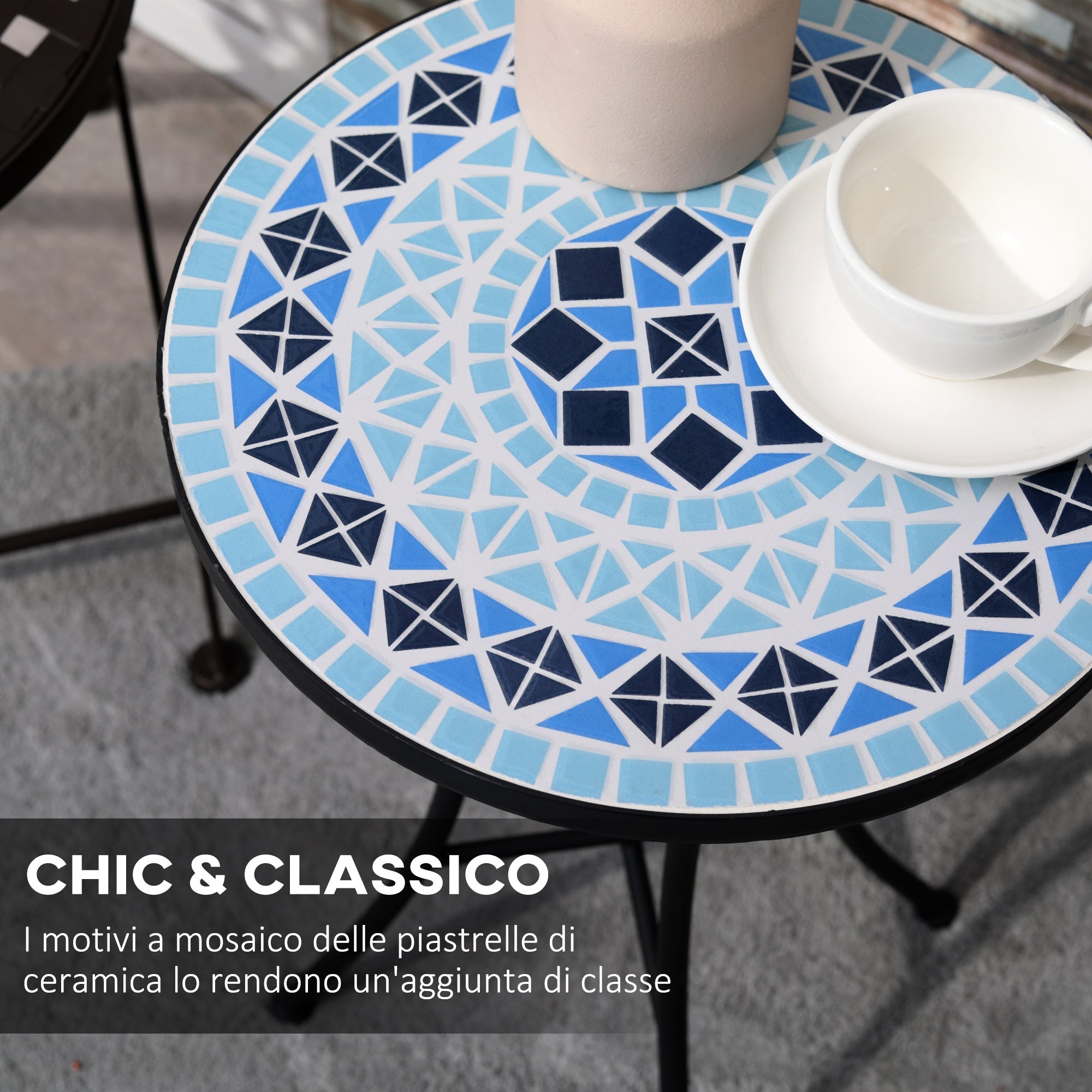 Round Metal Garden Coffee Table with Ceramic Top, Mosaic Design, Ф35.5x53.5cm, Blue - Borge' Group Limited