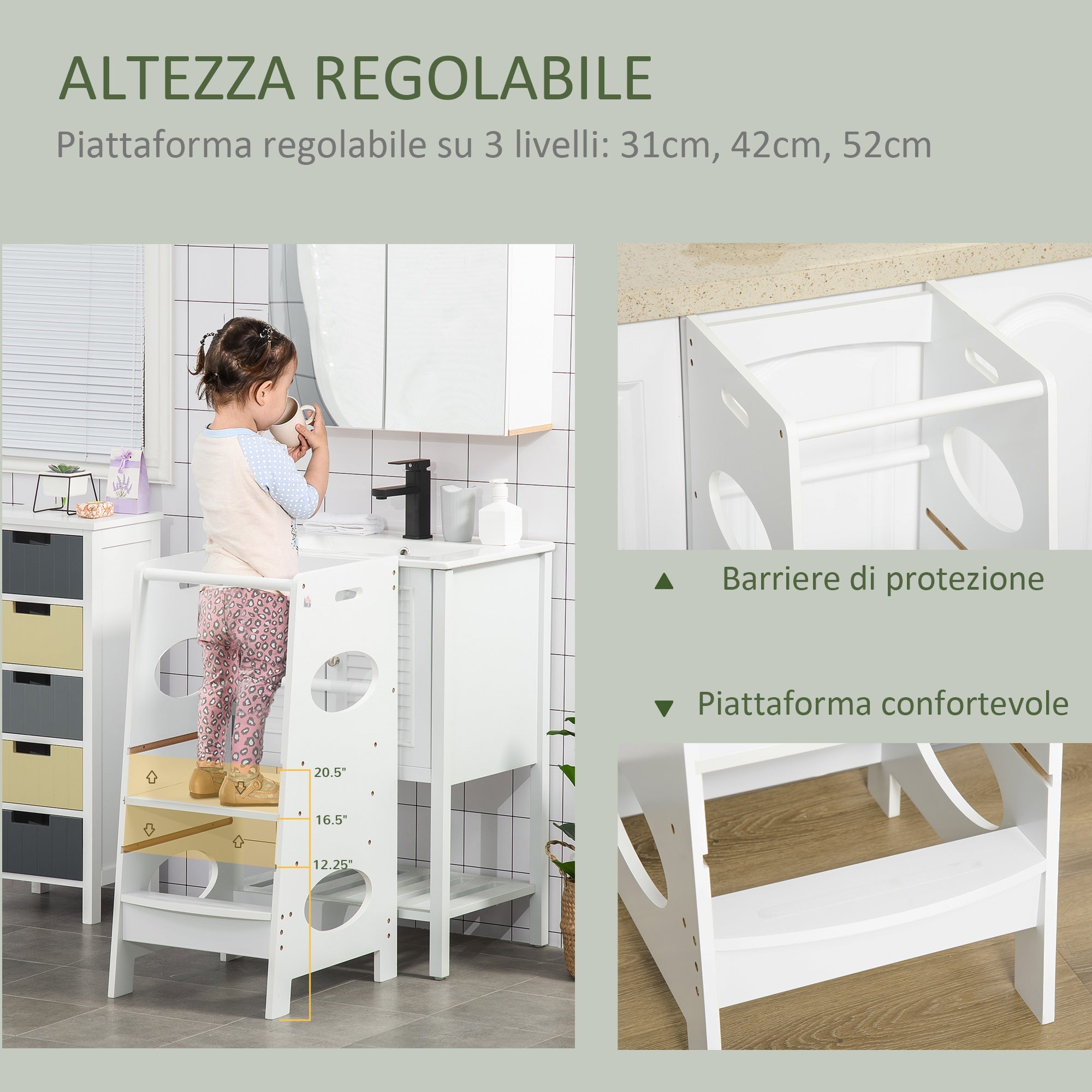 Homcom Torre Montessorian for children, Learning Tower with adjustable height in MDF, 40x50x90cm, white - Borgè