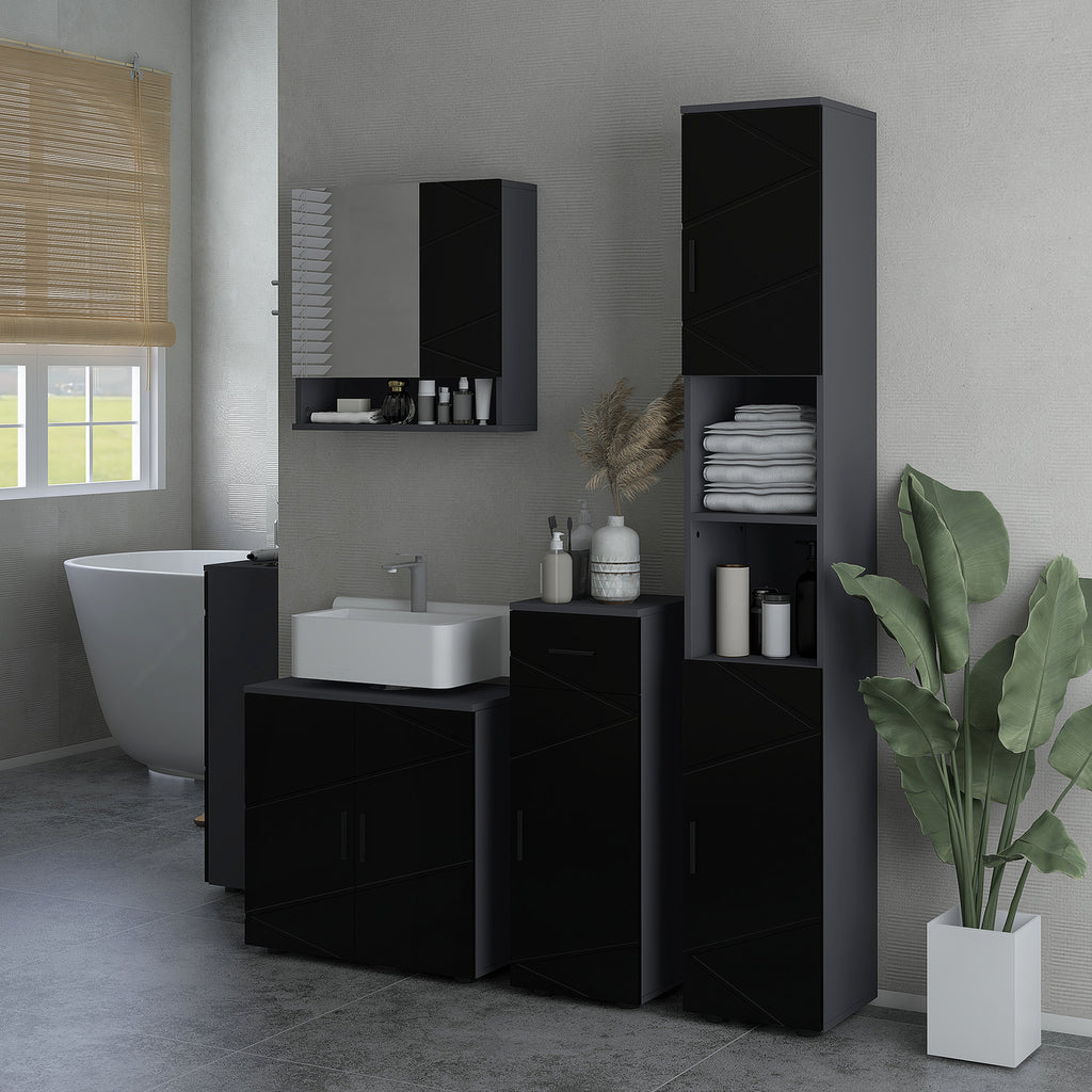Kleankin Mobile Sublavabo Wooden Bath with 2 -door locker, 60x30x60cm, black - Borgè