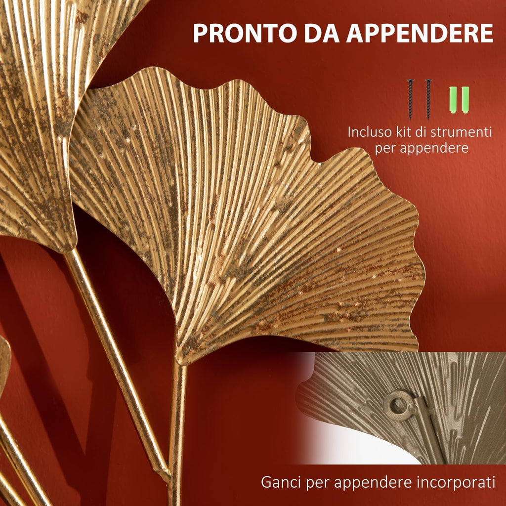 Homcom 3D Metal Wall Decoration, Golden Wall Art with Ginkgo 138x70cm leaves - Borgè
