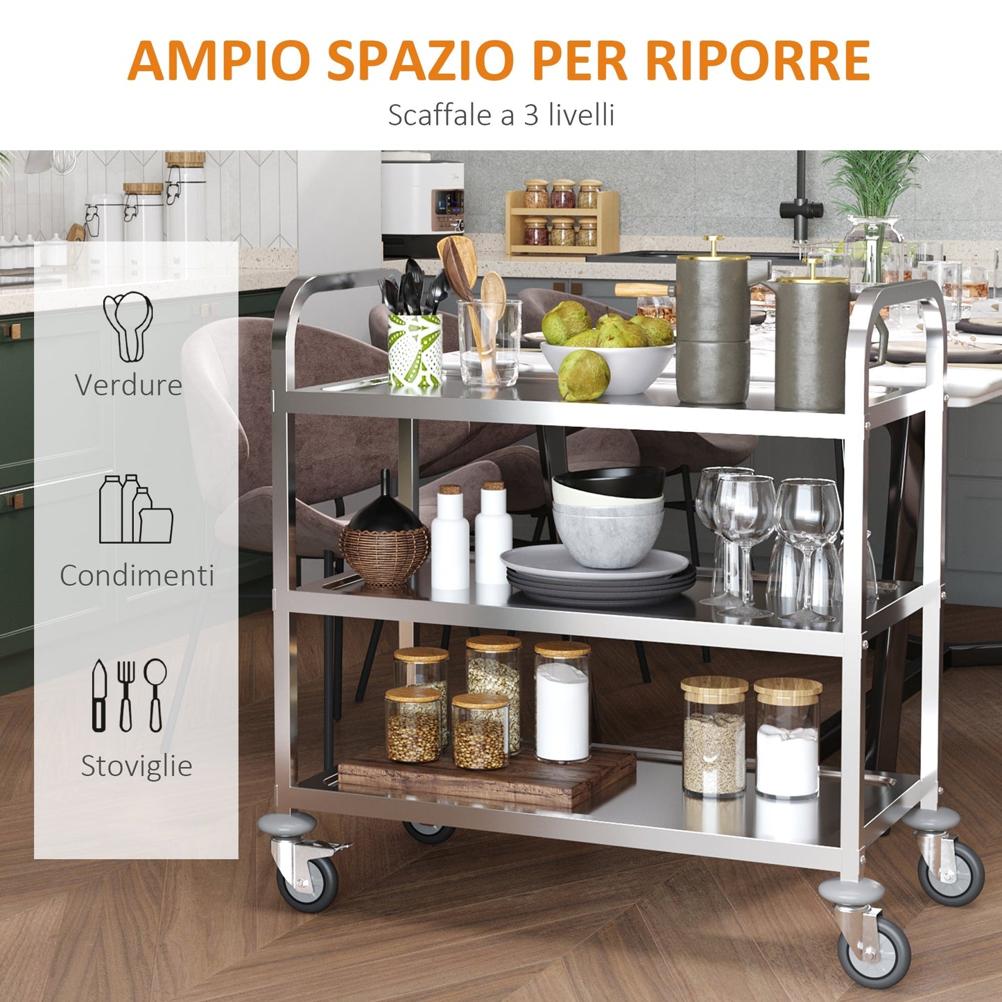 Homcom Kitchen Trolley 3 Open shelves 4 Omnidirectional wheels with 2 brakes anti-collision pads in stainless steel 430 silver 85x45x90cm - Borgè