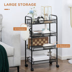 kitchen trolley with 4 shelves removable with 4 hooks and wheels, in steel and plastic PP, 45x26.5x84 cm, black - Borgè