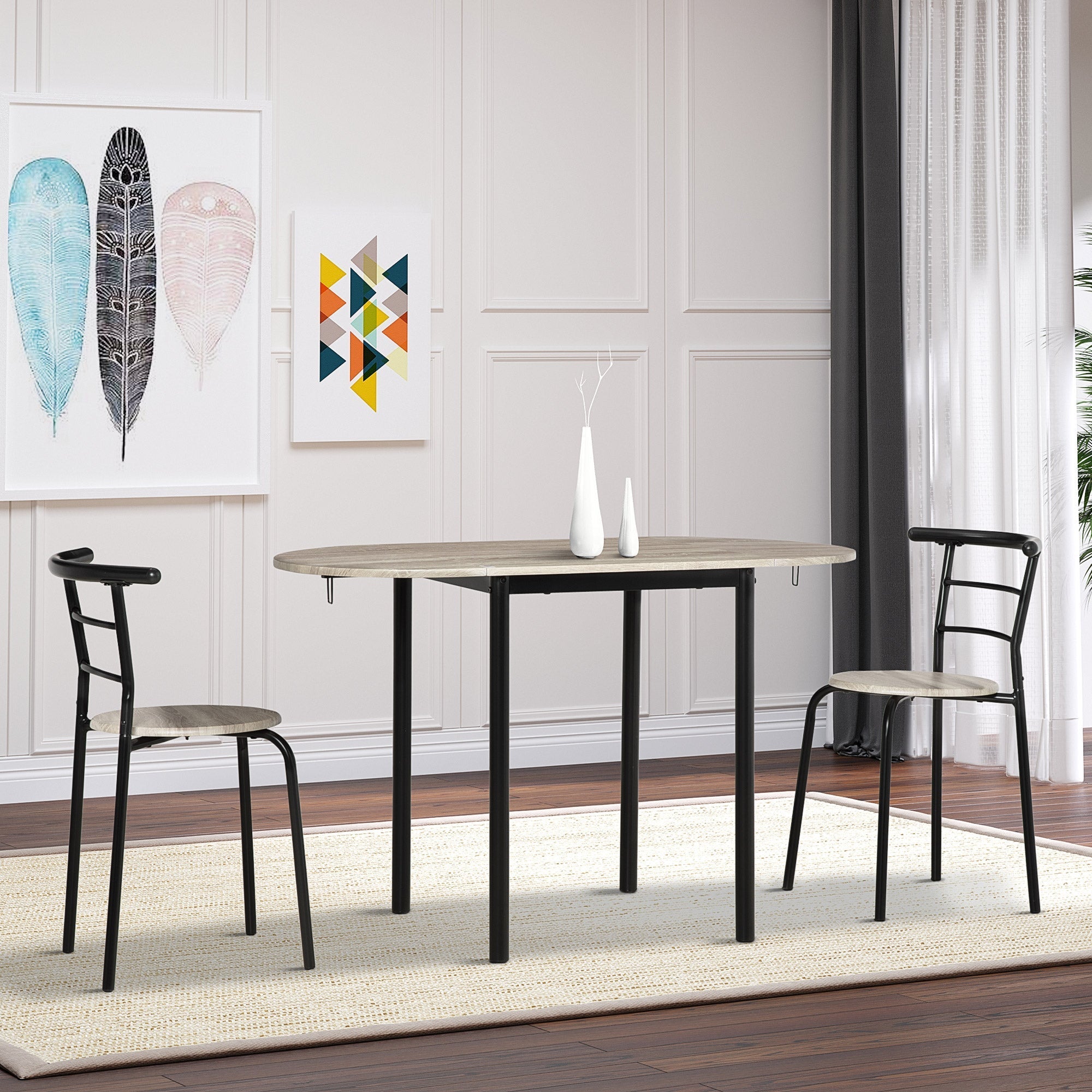 Set Dining 3 pieces with 2 chairs and 1 oval dining table in MDF and steel for limited spaces, wood color - Borgè