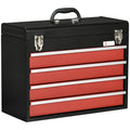Durhand Steel toolbox with 4 drawers and upper tray, 51x22x39.5 cm, red and black - Borgè