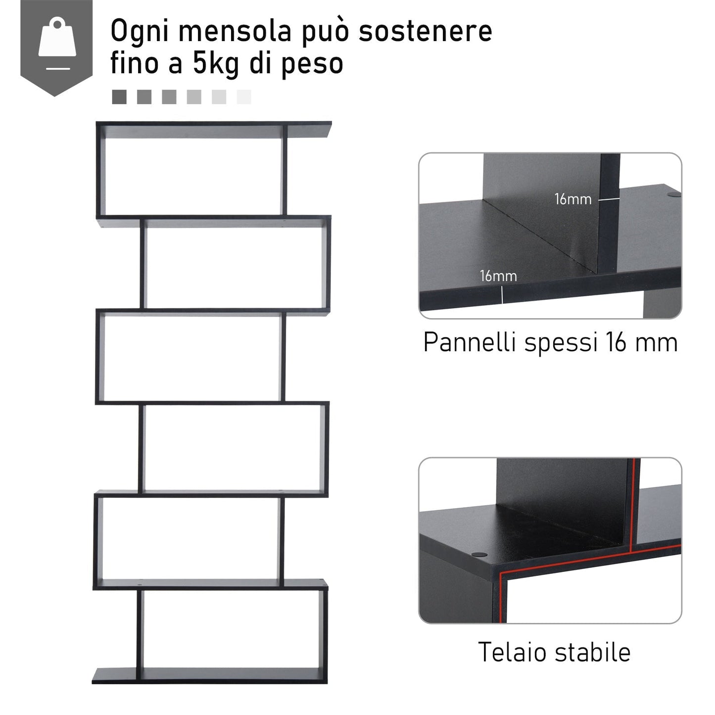 Homonda Library Wood Modern Design with 6 shelves 80 Ã— 23 Ã— 192cm Black - Borgè