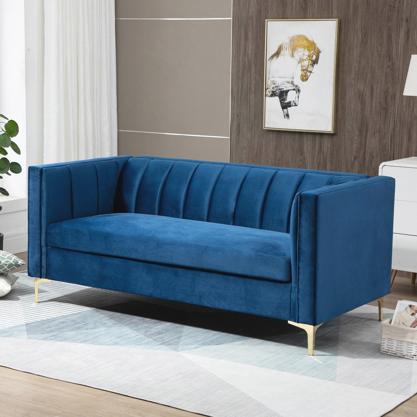 SOREA | Modern Blue Velvet 3 Seater Sofa with Golden Legs | 181x86x78cm