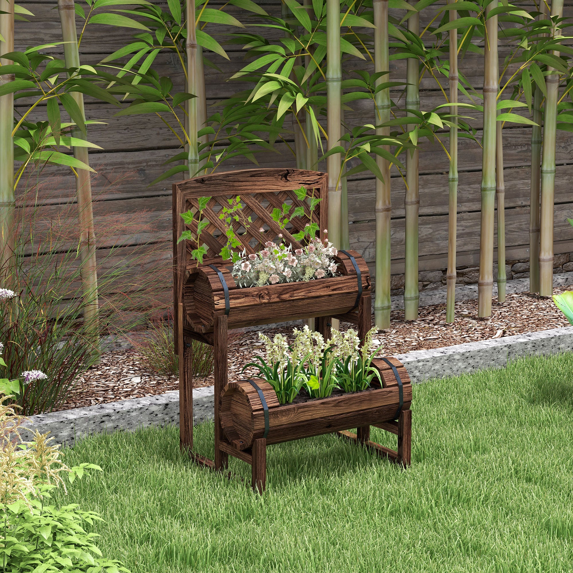 Outsunny Outdoor Fioriera at 2 levels with drainage and grilled holes, in fir wood, 42x49x80 cm, brown - Borgè