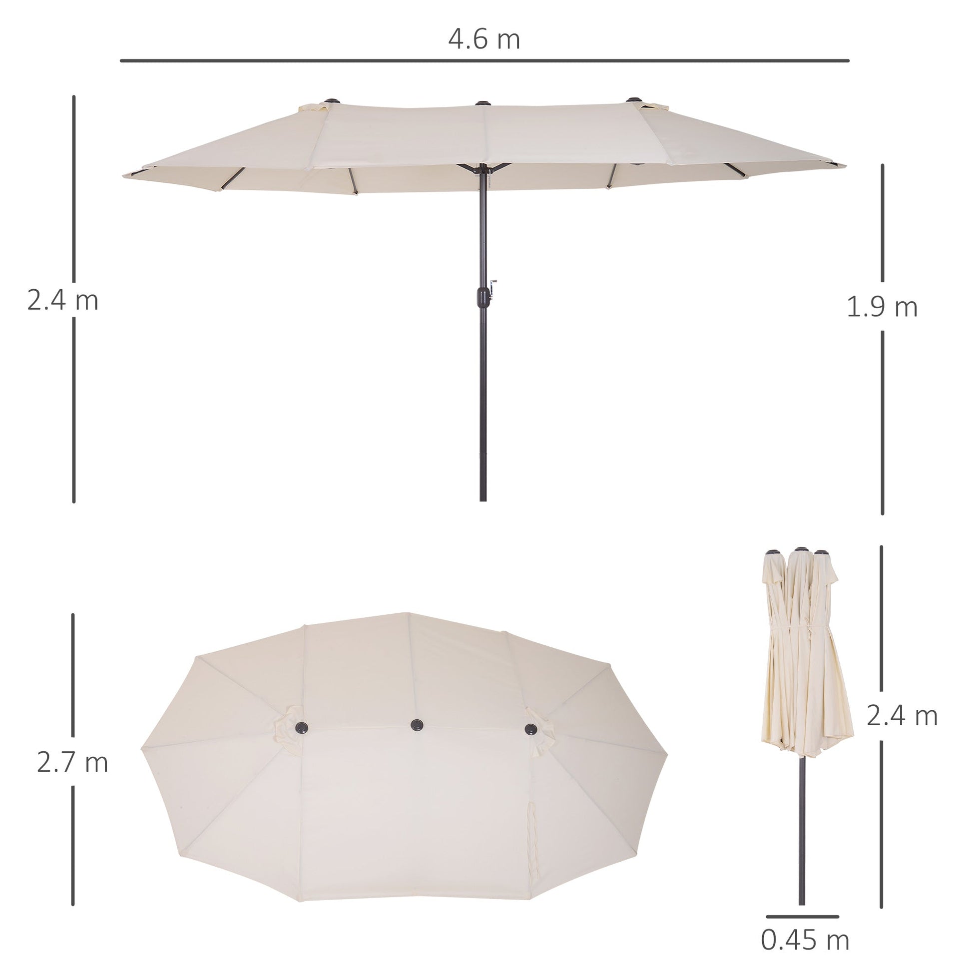 Beige Umbrella Garden Parasol and Double exterior fabric and polyester, 4.55 x 2.4m - Borgè