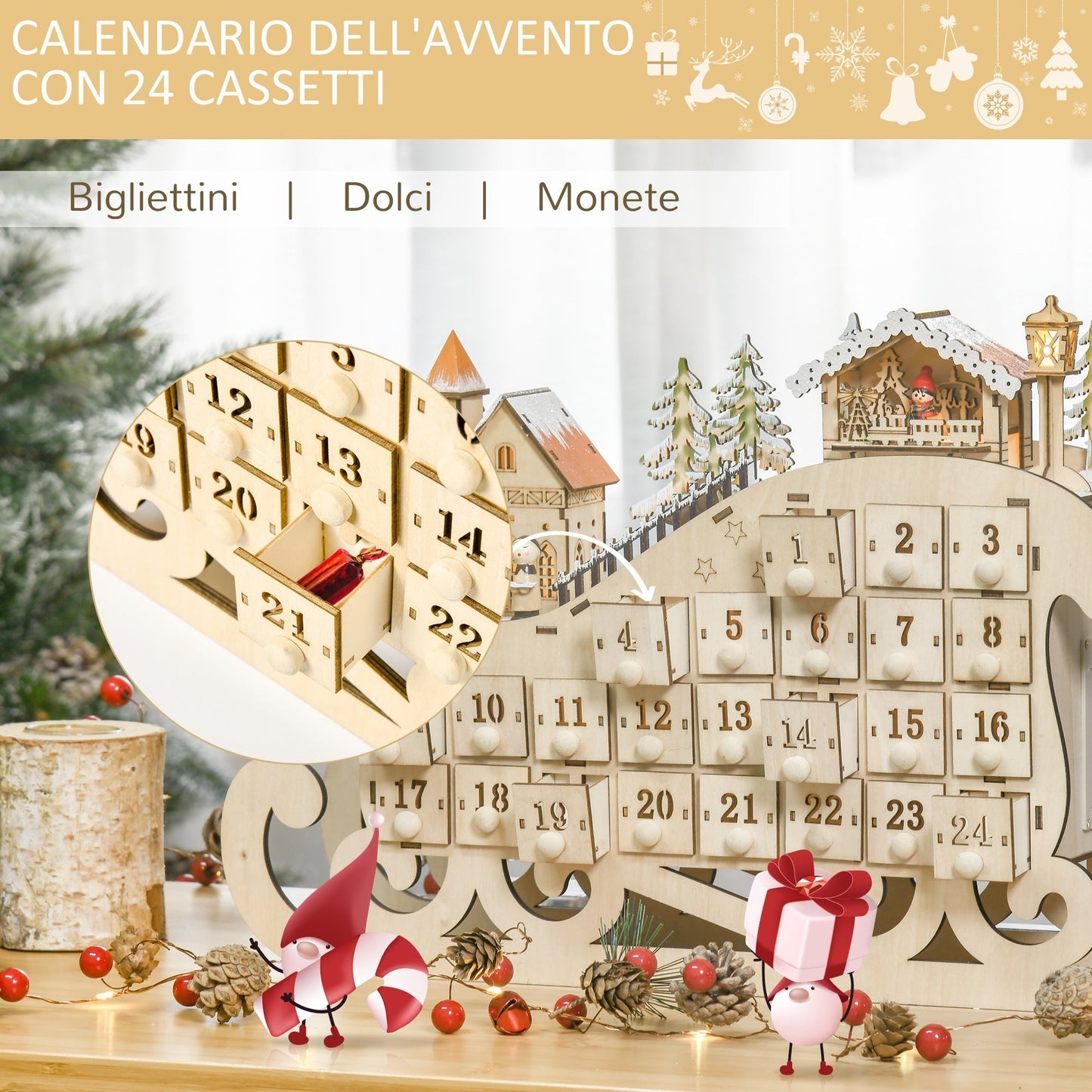 Calendar of sliding wooden shaped with 24 drawers decorations and led lights, 45x10x31cm - wood - Borgè