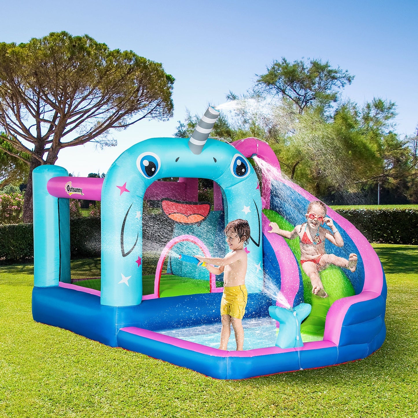 Inflatable Bouncy Castle for Children 3-8 Years Unicorn themed with Bag, 11 Stakes and Patches Included, 330x280x200 cm - Borgè