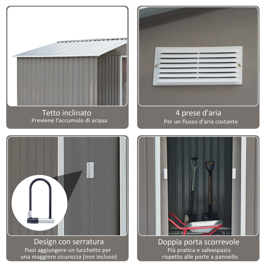 Garden Shed with Double Sliding Doors Steel Sheet, Steel Garden Shed, 277x195x192cm, Grey - Borge' Group Limited