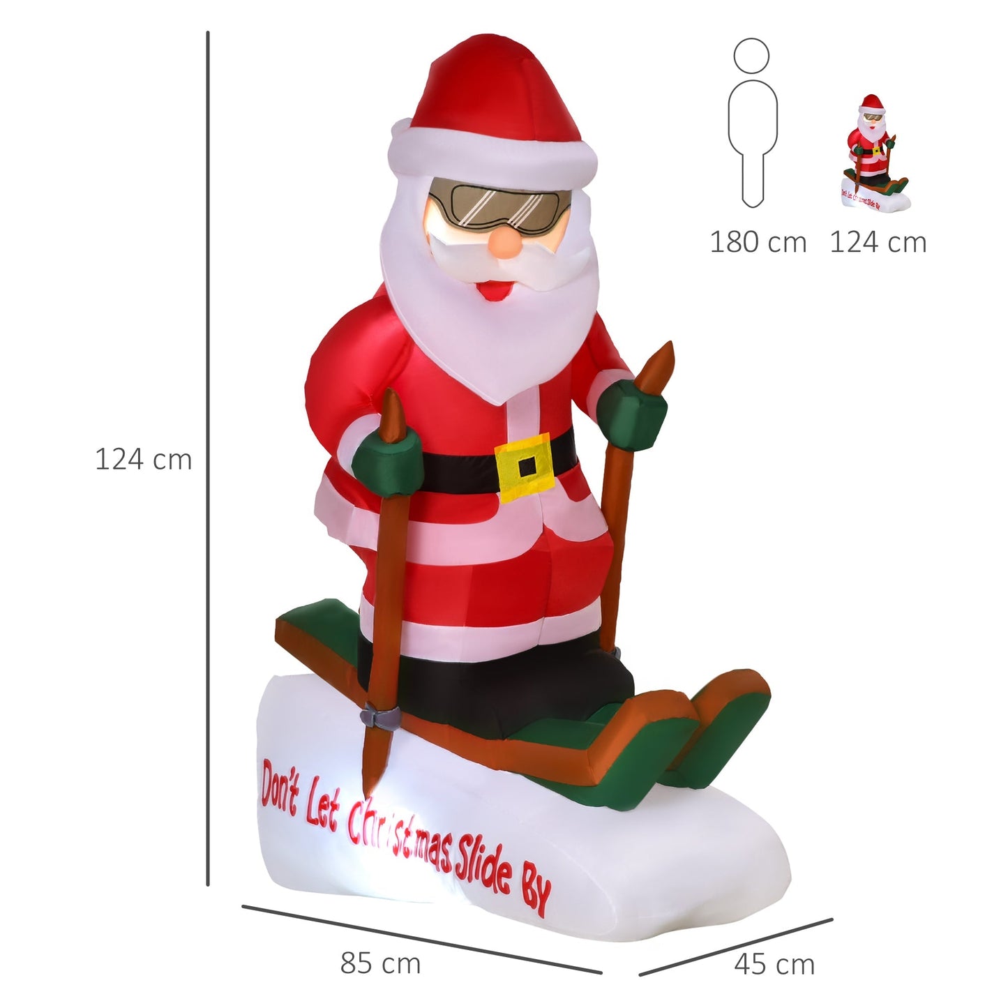 Santa Claus inflatable outdoor on skis with LED lights and swollen supplied - multicolor - Borgè