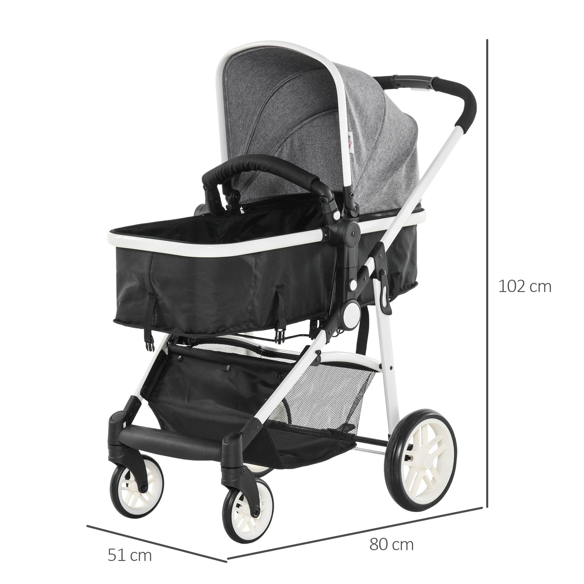 Pram 2 in 1 stroller, for children 0-36 months up to 15kg, folding and adjustable Grey - Borgè