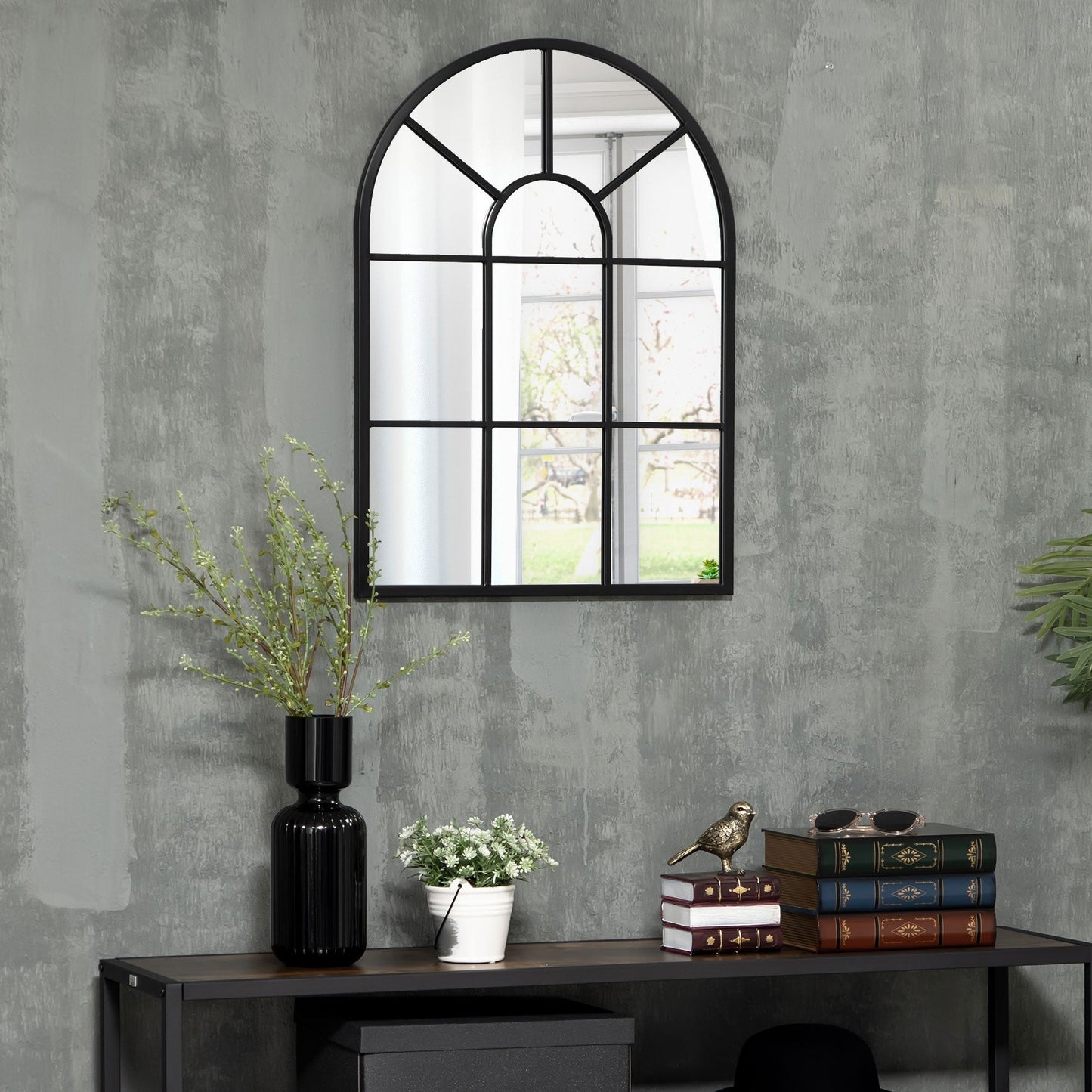 Modern Wall and Arco -shaped mirror 70x50 cm for bedroom and living room, in black metal and glass - Borgè