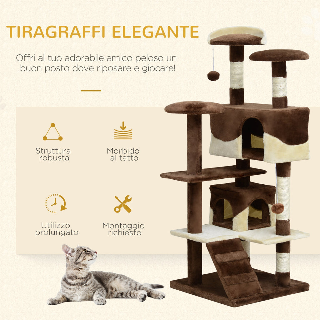 Cat Tree for cats with Scratch Pole and playing ball in Coffee and cream colour, 50x50x132cm - Borge' Group Limited