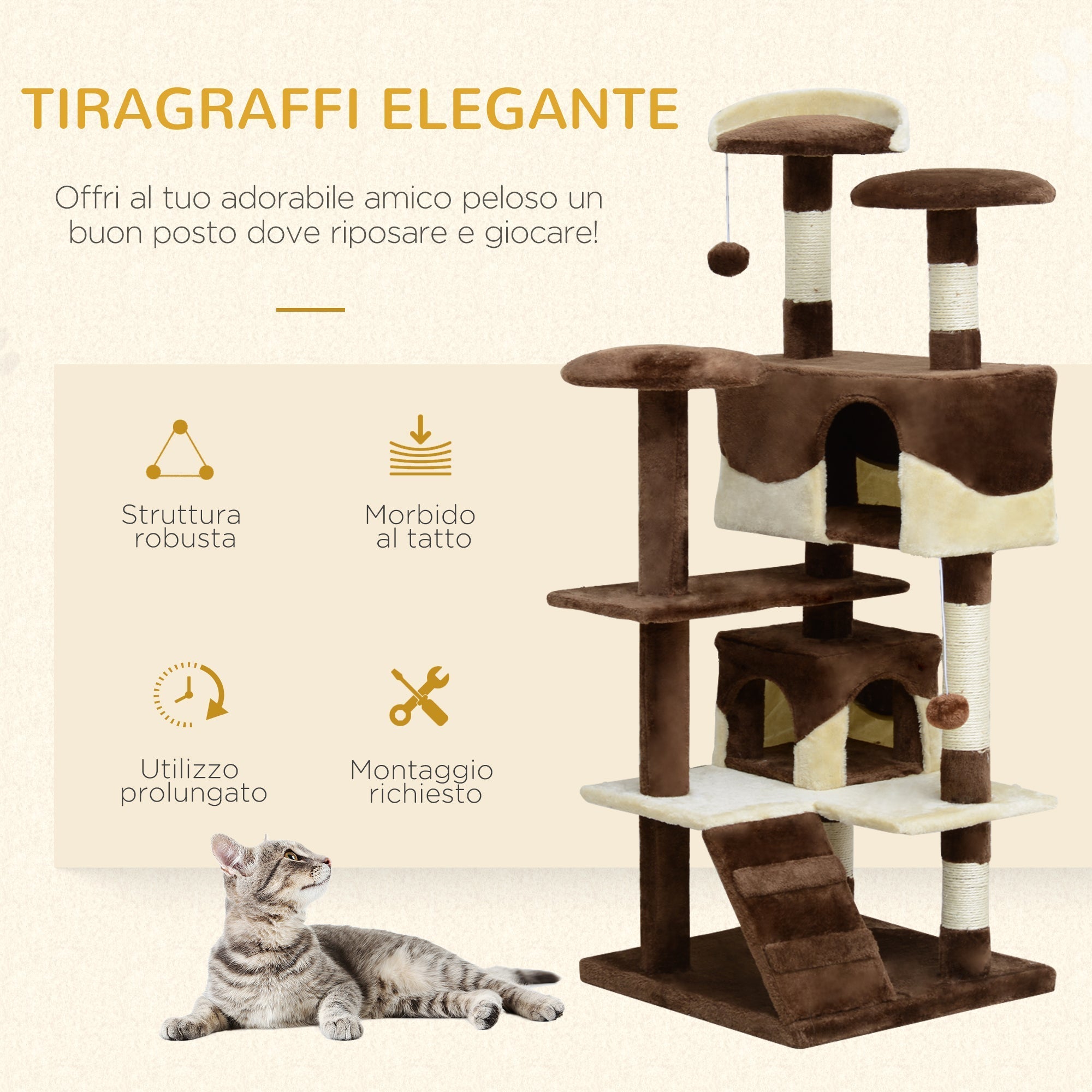 Cat Tree for cats with Scratch Pole and playing ball in Coffee and cream colour, 50x50x132cm - Borge' Group Limited