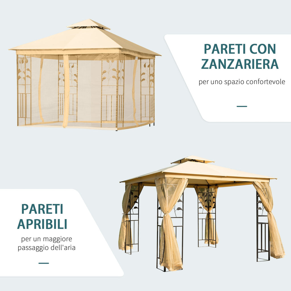 Garden Gazebo 3x3m with Mosquito Net, Steel Frame and Double Roof, Beige - Borge' Group Limited