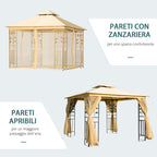 Garden Gazebo 3x3m with Mosquito Net, Steel Frame and Double Roof, Beige - Borge' Group Limited
