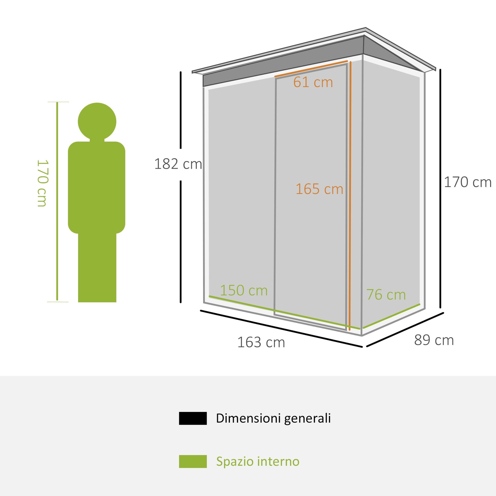 Outsunny Garden House Door Glass Lowworks in Steel Sheet, Steel Garden Shed with Sliding Doors, 163x89x182cm, Black - Borgè