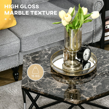 Modern Living Room Table with Marble Effect and MDF and steel structure, 81x70x51.2 cm, Black - Borgè