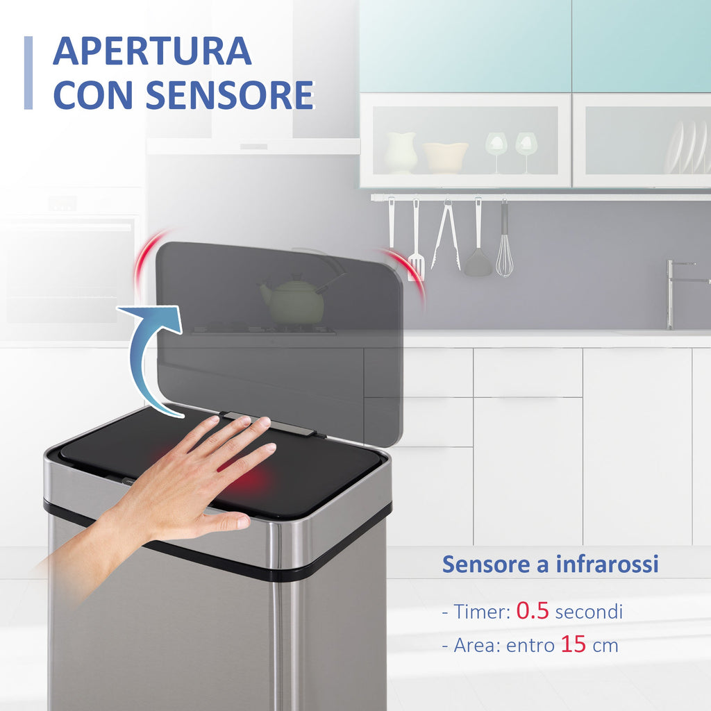 Autuminie 72L Song with Infrared sensor, 3 compartments and removable lid, steel and ABS, 42x30x81cm - Borgè