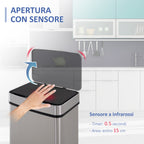 Autuminie 72L Song with Infrared sensor, 3 compartments and removable lid, steel and ABS, 42x30x81cm - Borgè