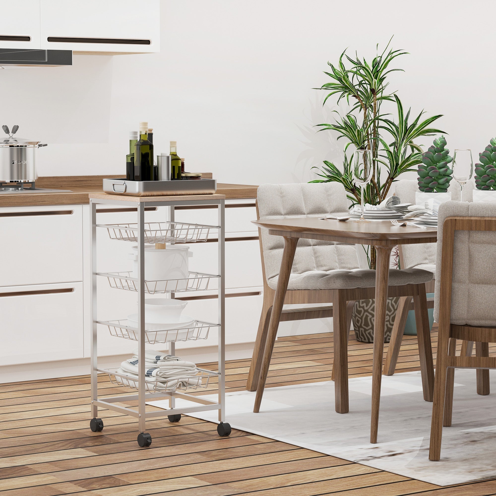 Kitchen Cart with removable steel and wheels, 36.5x36.5x89cm - Borgè