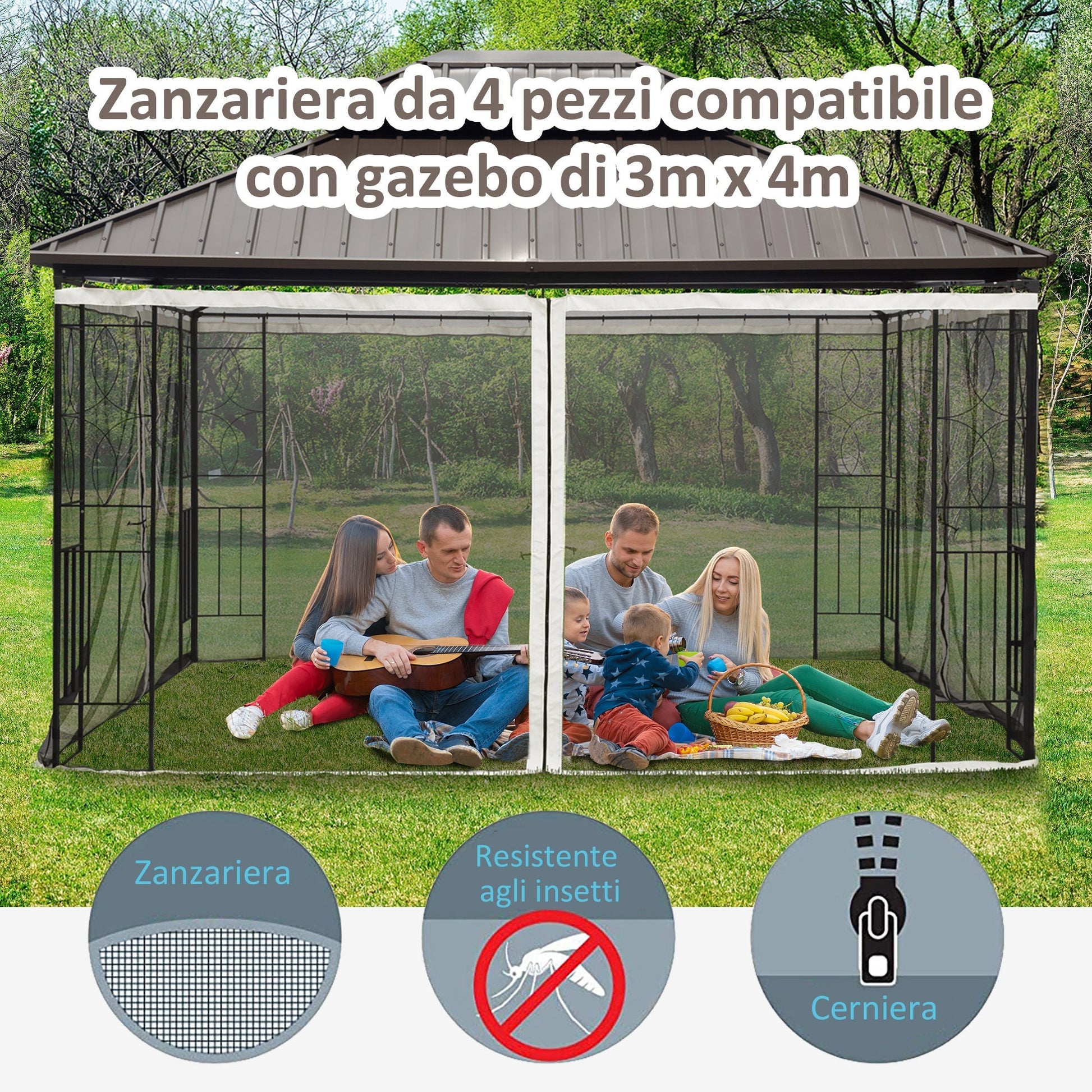 Outsunny Gazebo mosquito net 3x4m with hinges and rings, 352x207cm panels - Black/Beige - Borgè