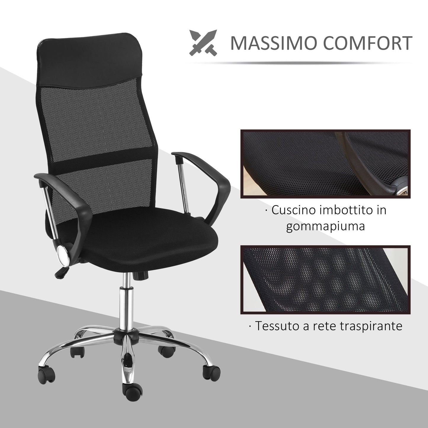 Homcom Ergonomic Highvilly Office Chair and Cork with wheels, adjustable height and mesh back, 63x65x109-119cm Black - Borgè