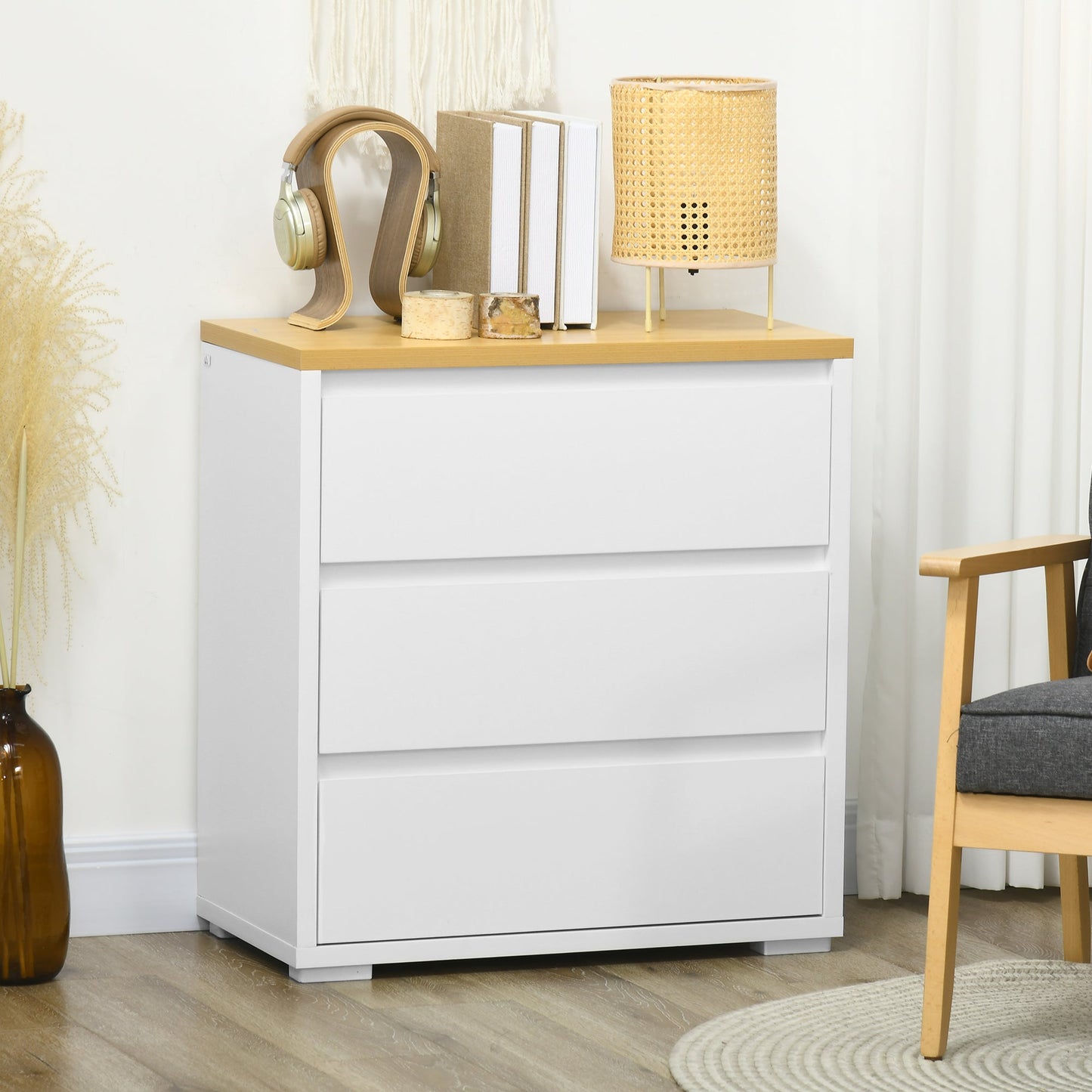 Homcom 3 -drawer chest of drawers in white chipboard for bedroom, study and living room, 70x37x75cm