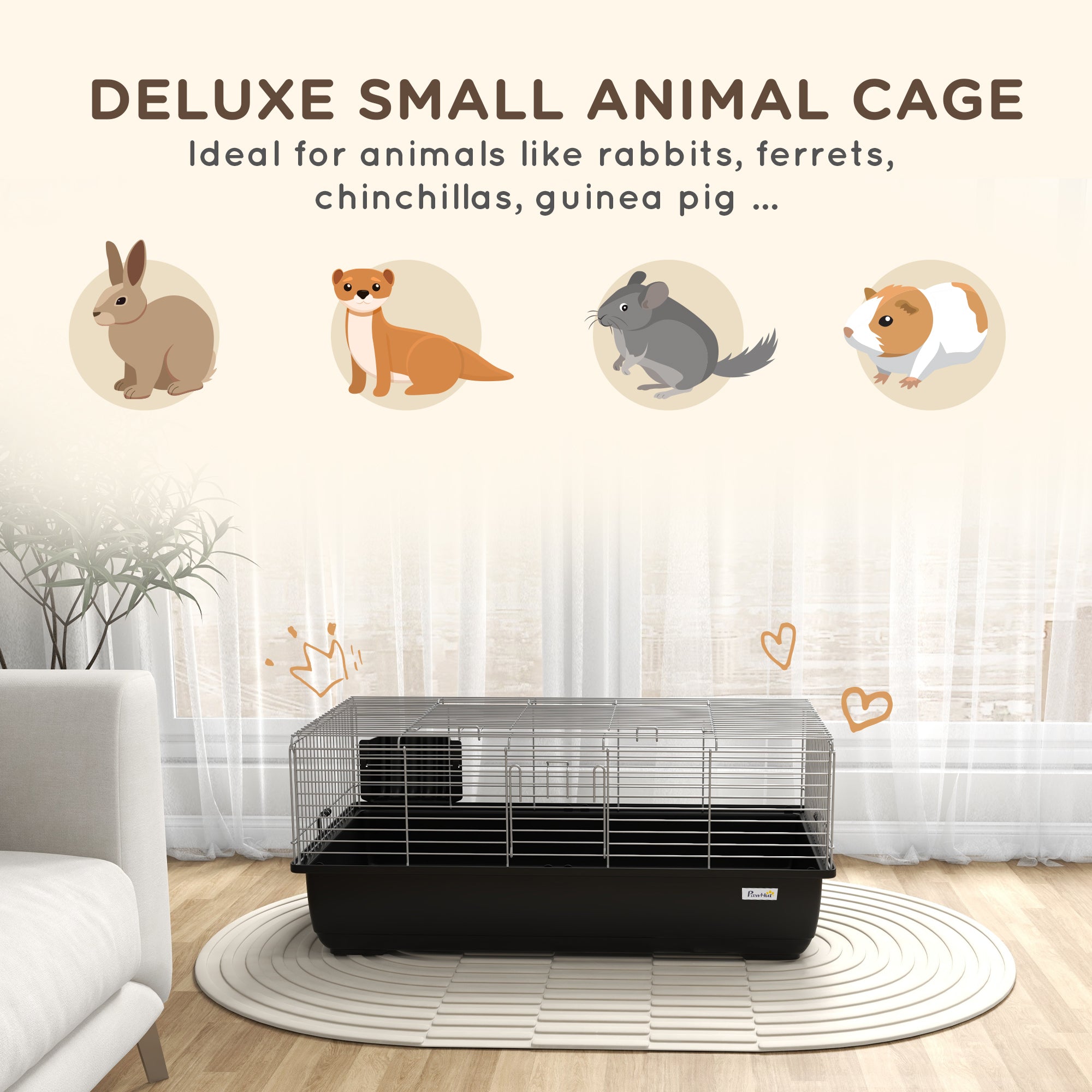 Pawhut cage for 2 doors rabbits with removable tray, in metal and plastic PP, 100x55x41 cm, black and silver - Borgè