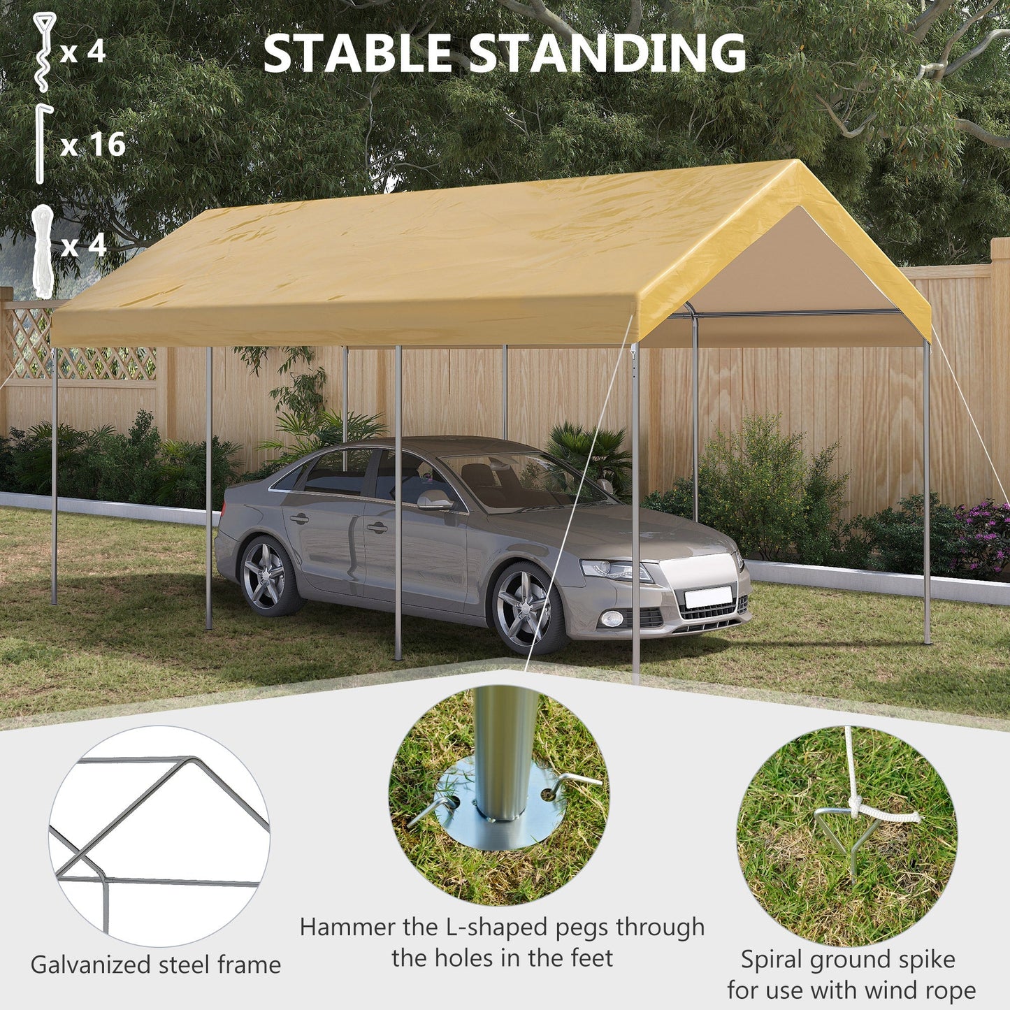 Outsunny Garden Tent at a adjustable height in steel and PE for small and medium cars, 600x295x265-310 cm, beige - Borgè