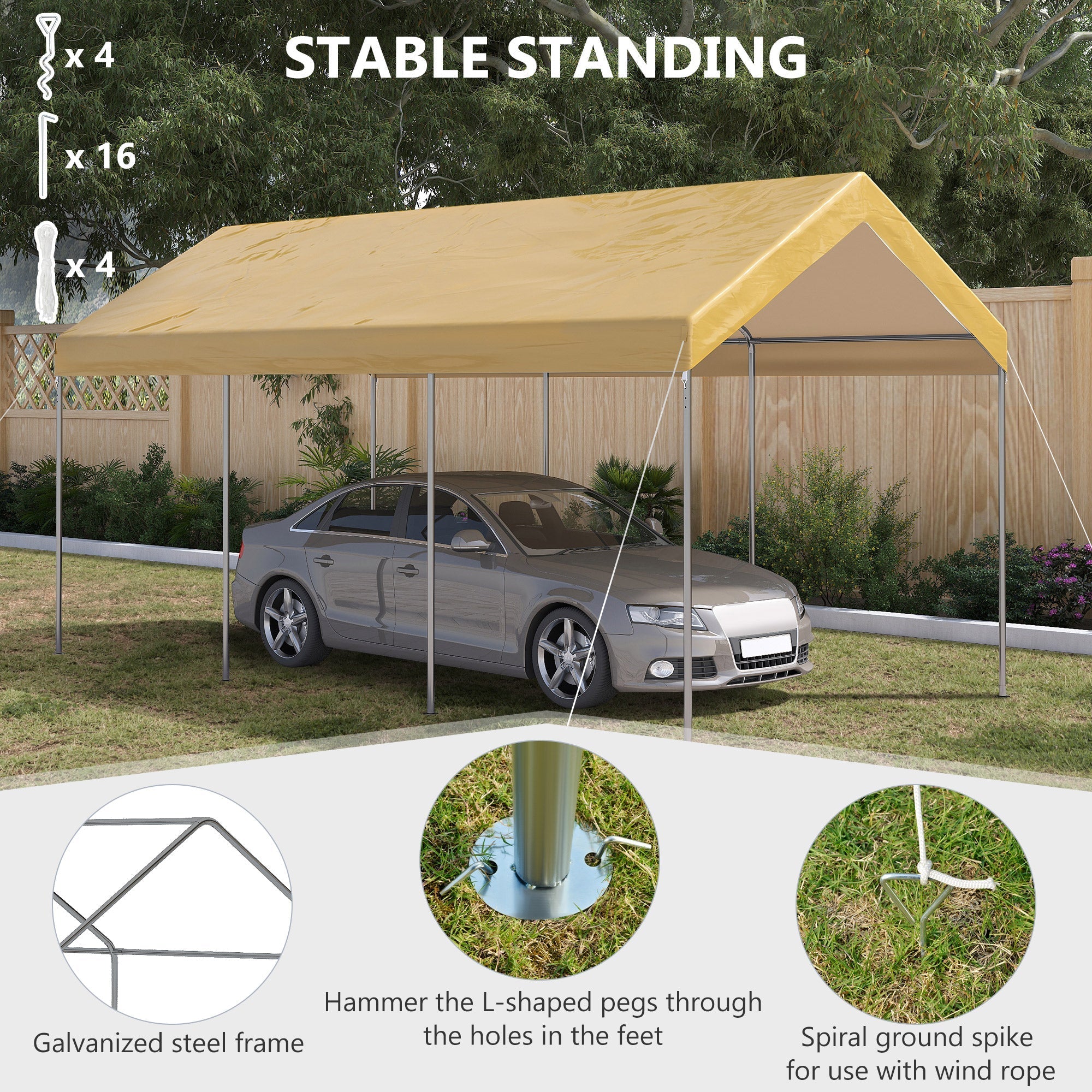 Steel and PE Garden Tent for Small and Medium Cars, 600x295x265-310 cm, Beige - Borge' Group Limited