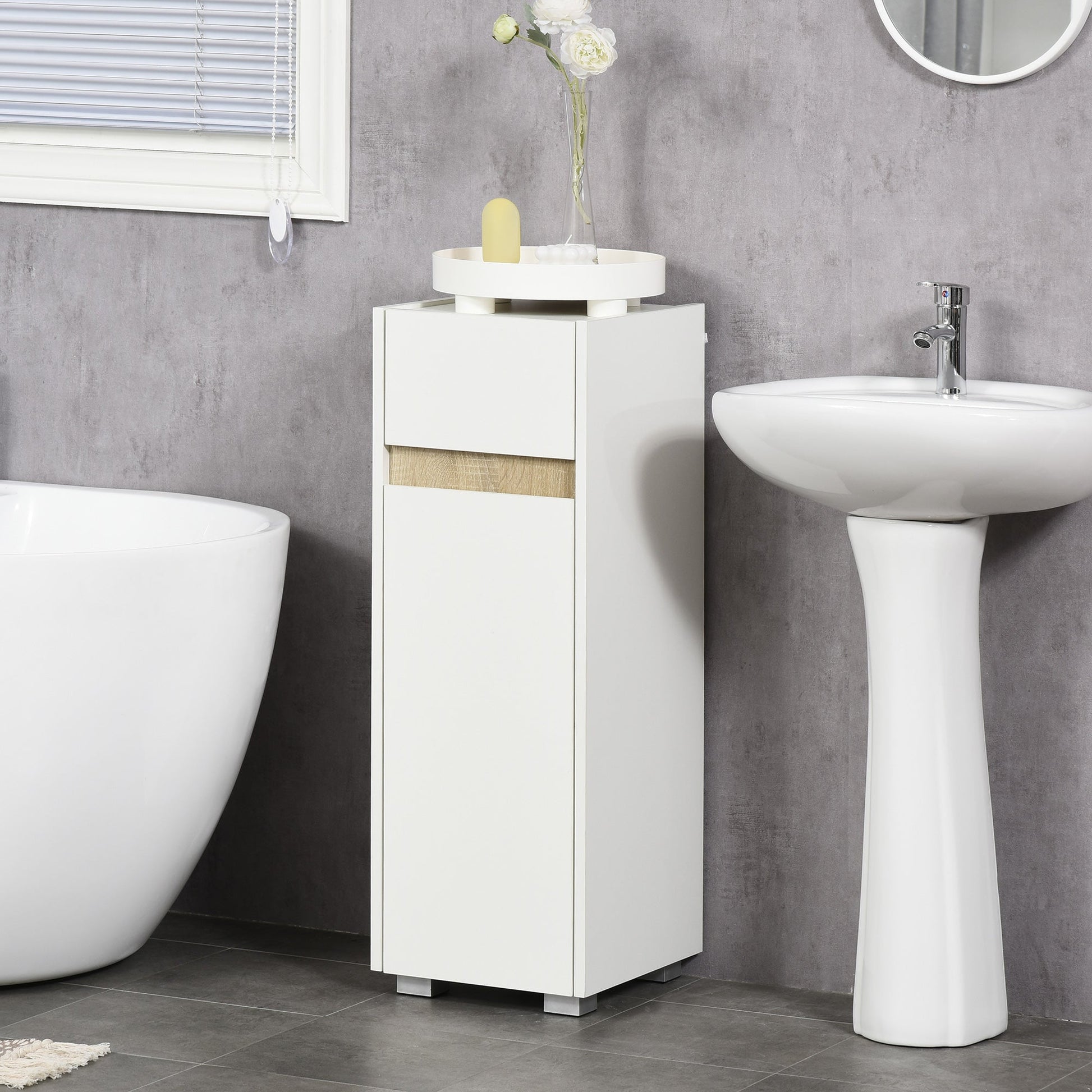 kleankin bathroom cabinet with drawer and locker with adjustable wooden shelf 30x33x88cm, white - Borgè