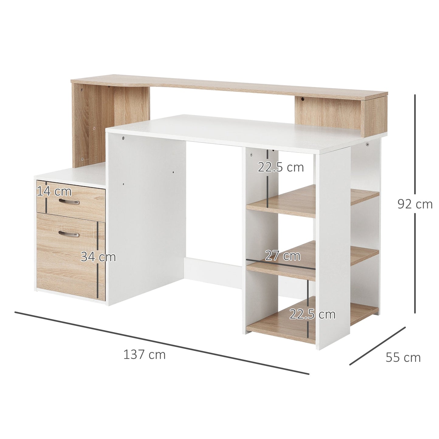 Modern computer desk with MDF wood shelves, 137x55x92cm - Borgè