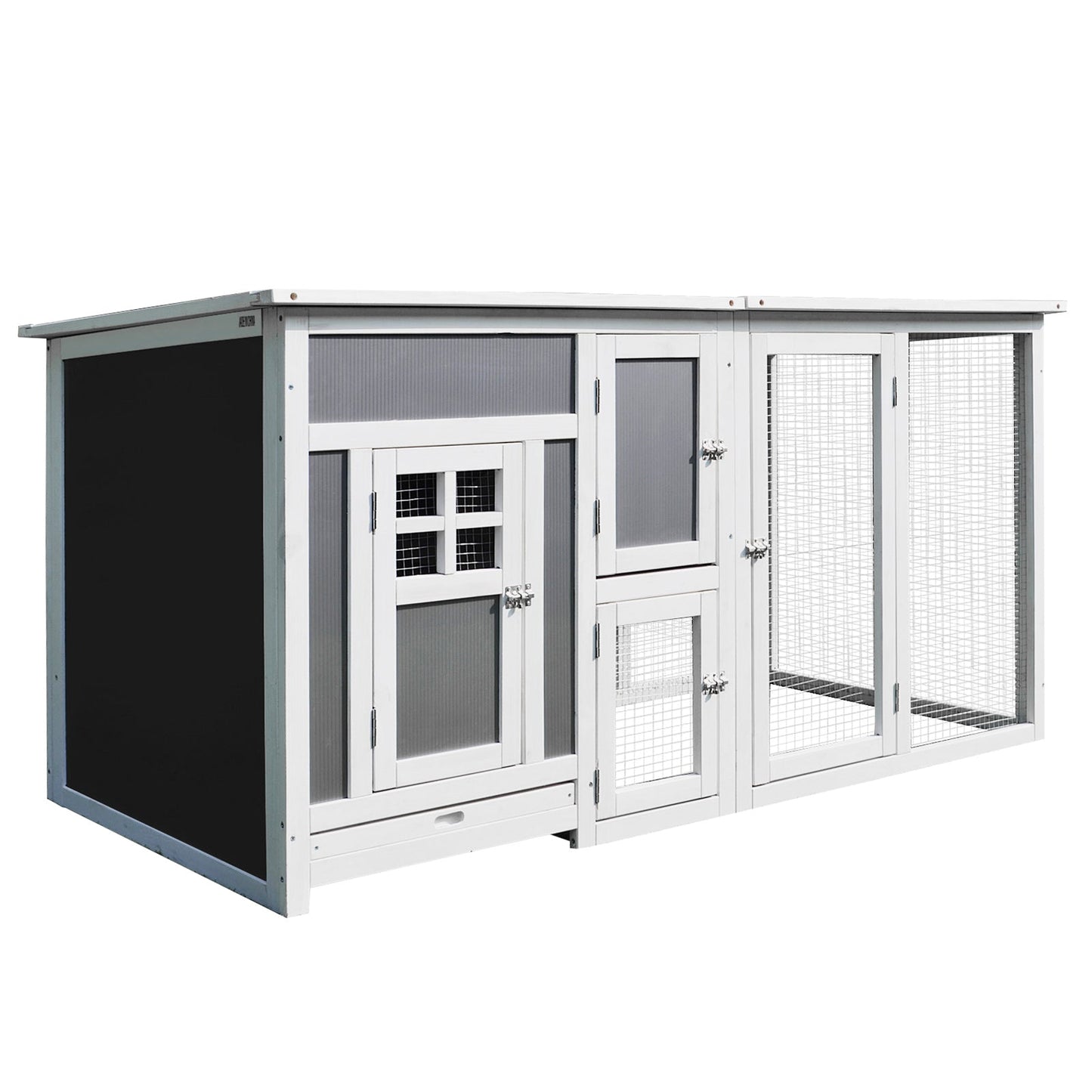 Wood Chicken Coop Hutch Hen House Cage PC Roof w/ Run Nest Box Deluxe 160 x 75 x 80 cm, Grey and white - Borgè