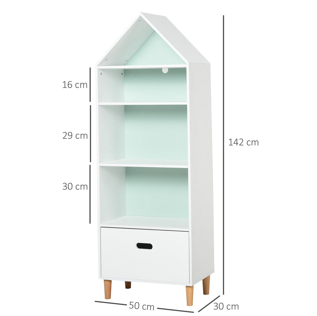 Bookcase Toy Storage Shelf for Children's and Teens' Bedrooms, 1 Drawer and 4 Shelves, White and Blue 50x30x142cm - Borgè