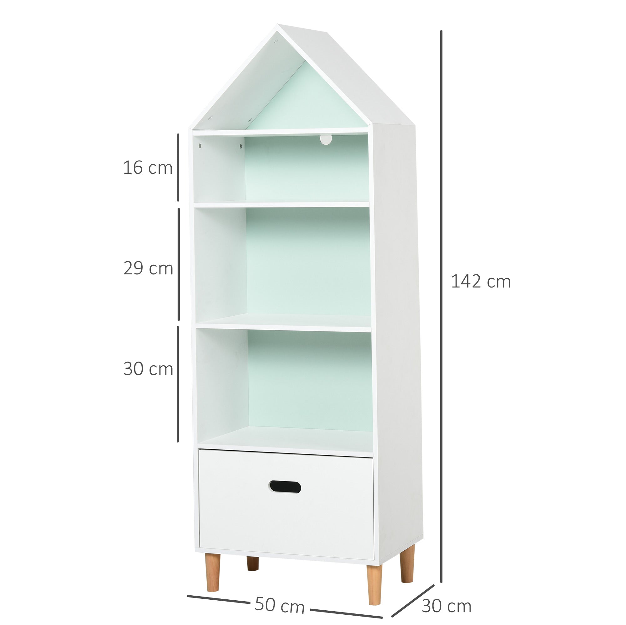 Bookcase Toy Storage Shelf for Children's and Teens' Bedrooms, 1 Drawer and 4 Shelves, White and Blue 50x30x142cm - Borgè