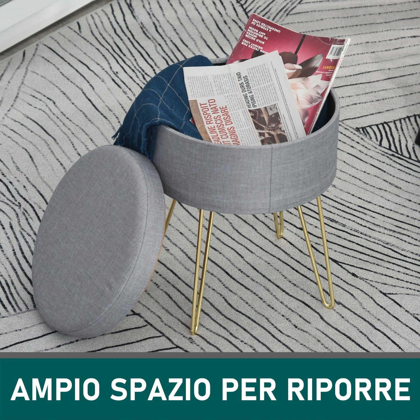 pouf container 2 in 1 with stool and table function, in wood and Grey fabric, metal with gold finish, 36x36x45cm - Borgè