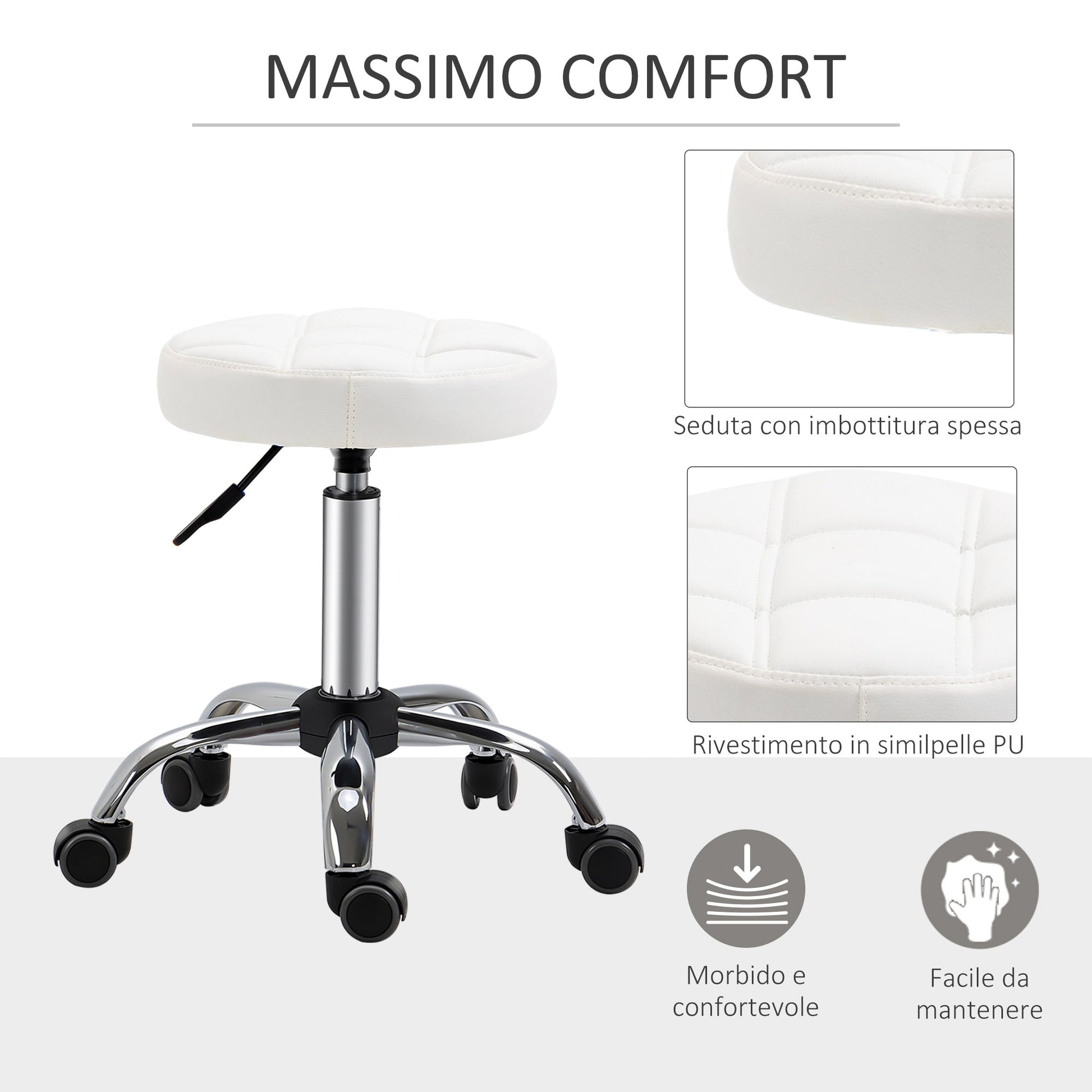 White Beauty | Tattoo Round Swivel Stool with Wheels, Adjustable Height and Eco Leather Cover, Black - Borgè