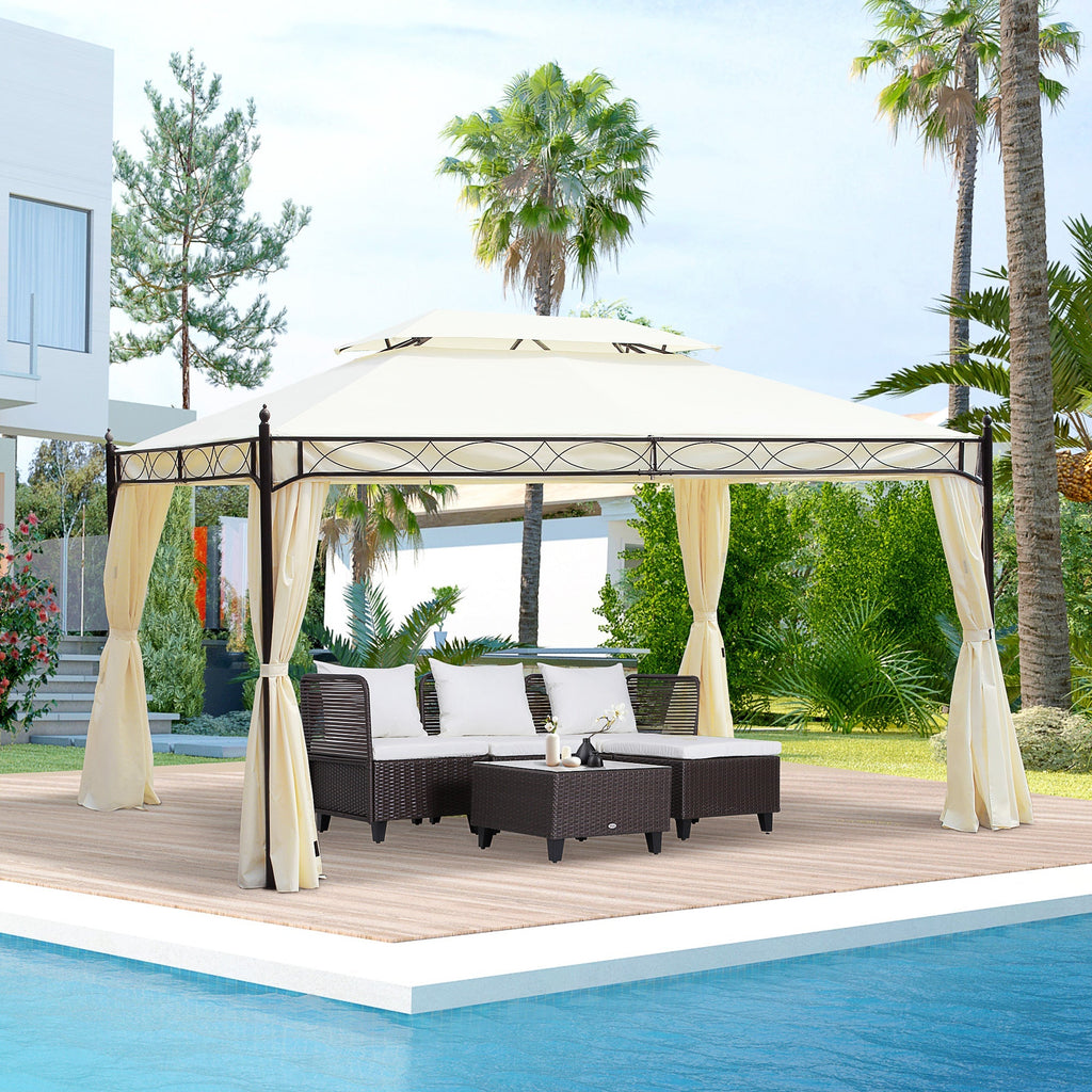 3x4m Steel Garden Gazebo with Double Roof and 4 Side Awnings, Cream - Borge' Group Limited
