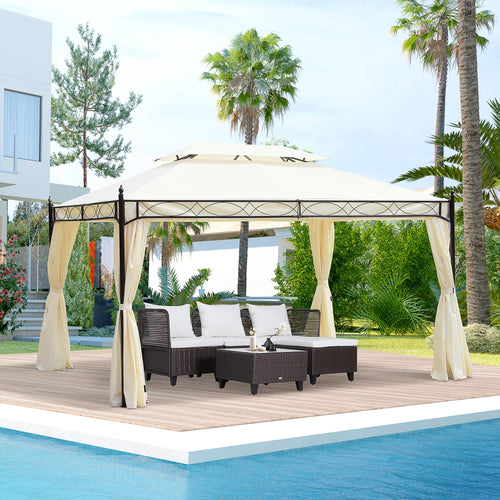 3x4m Steel Garden Gazebo with Double Roof and 4 Side Awnings, Cream - Borge' Group Limited