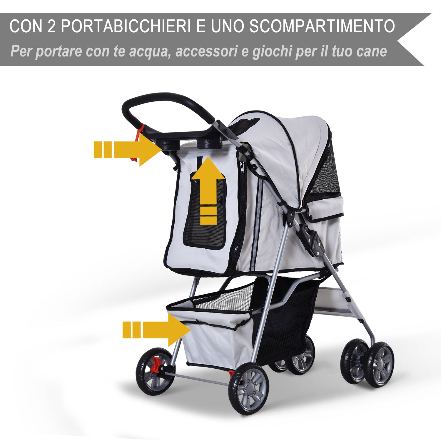 Foldable Fabric Dog Stroller with Basket and Cup Holder, 75x45x97cm - Grey - Borge' Group Limited
