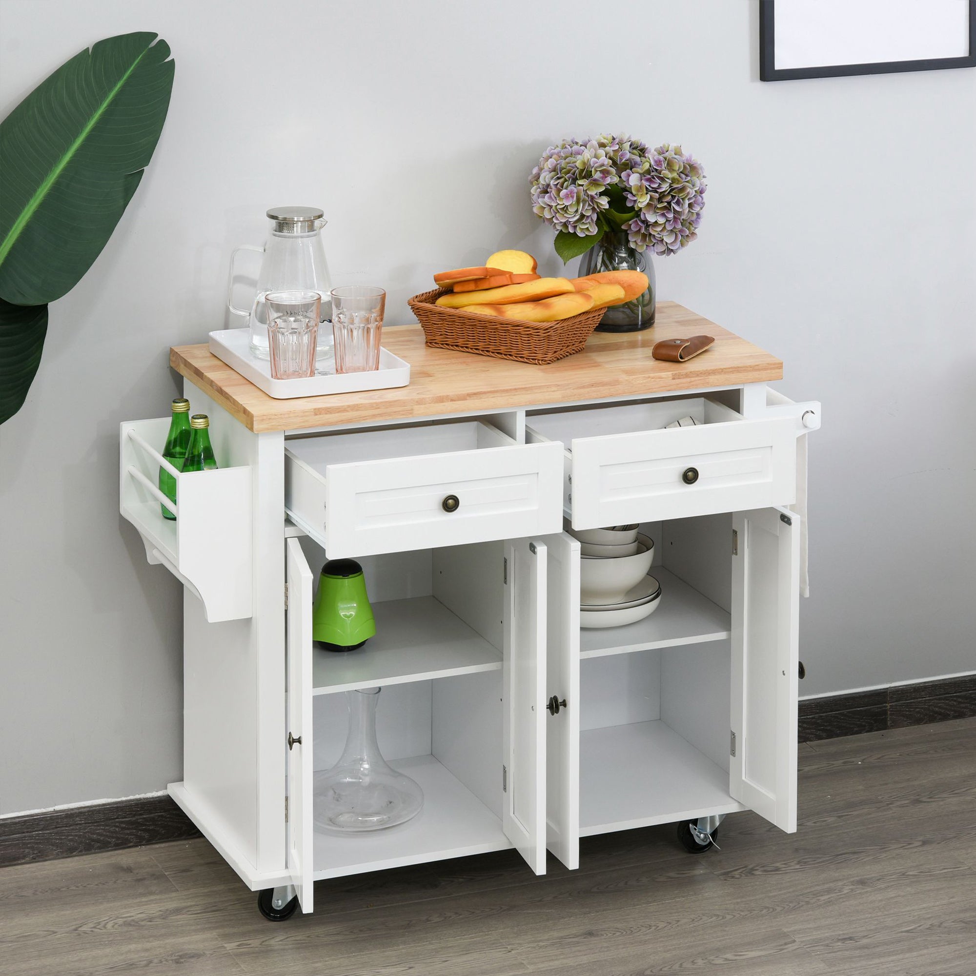 Kitchen Trolley spouses with drawers and wooden holders, 111x44.5x82.5cm, white - Borgè