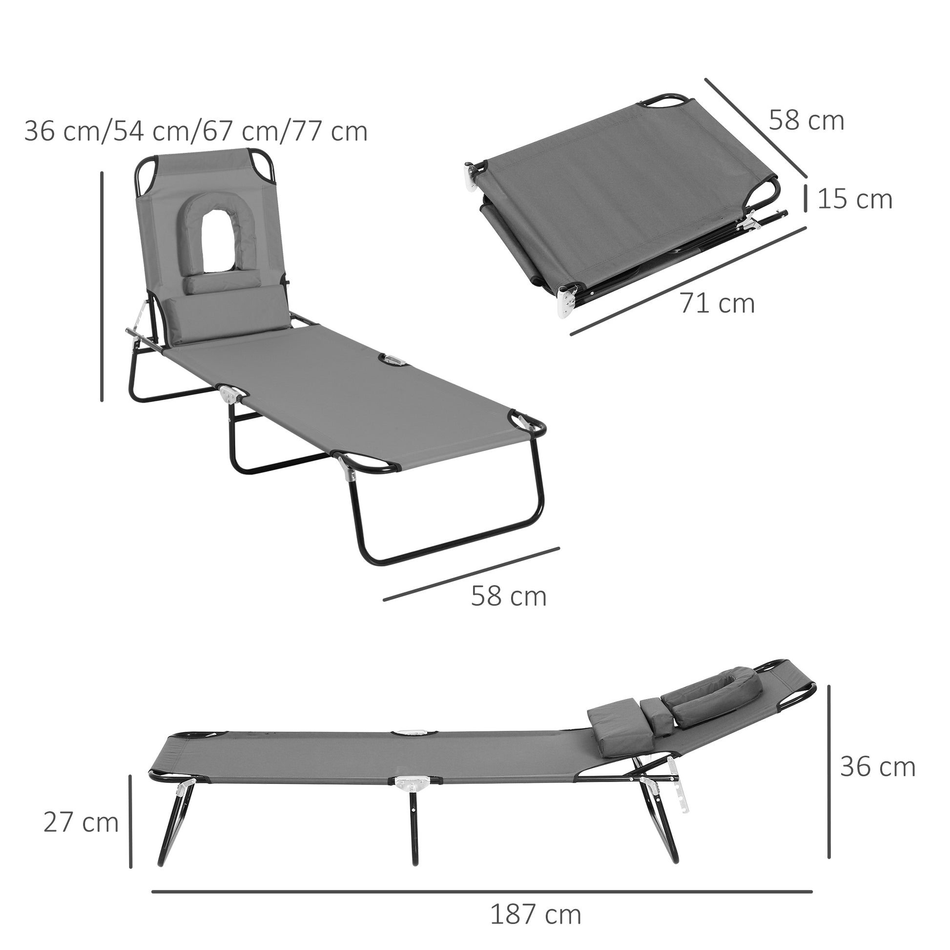 Outsunny folding sunbath with hole for the padded face and reclining back, gray - Borgè