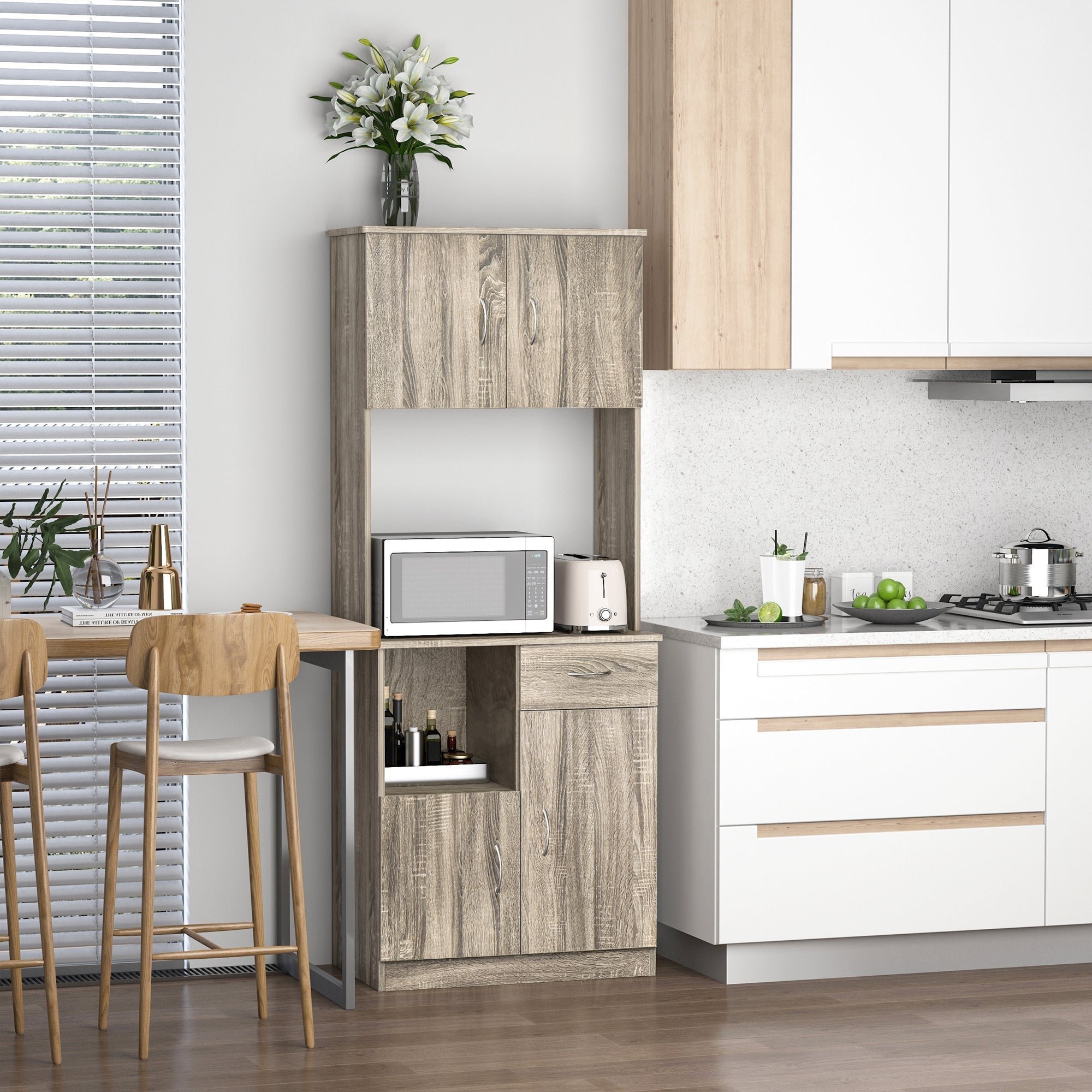 Modern Belief For Kitchen or Dining Room, Buffet Mobile With Wooden Cabinets And Drawers, Grey, 71x41x178cm - Borgè