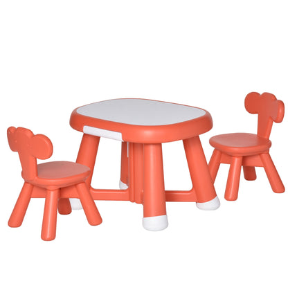 set table with 2 children's chairs and work surface with white blackboard