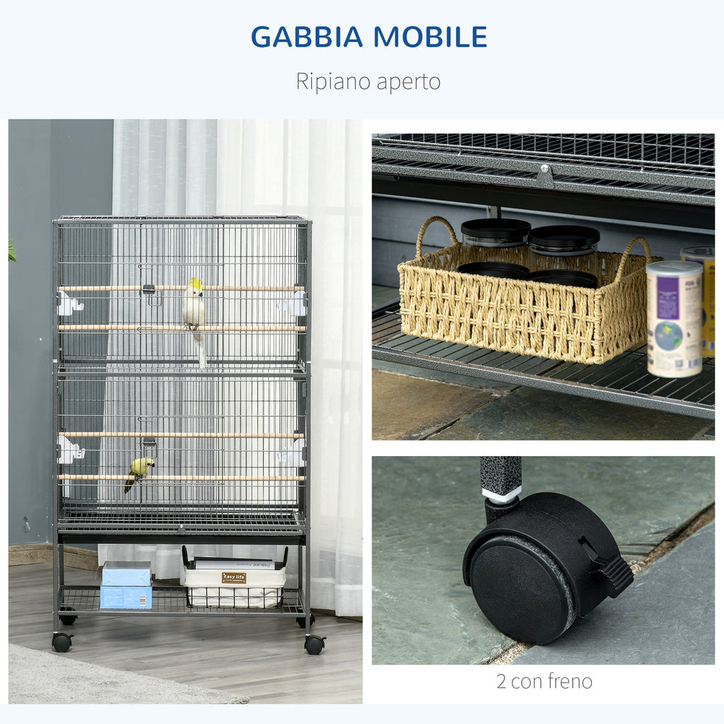 Steel / Wooden Indoor Bird Cage with Tray, 4 Wheels and Perch, 78x52x132cm - Borge' Group Limited