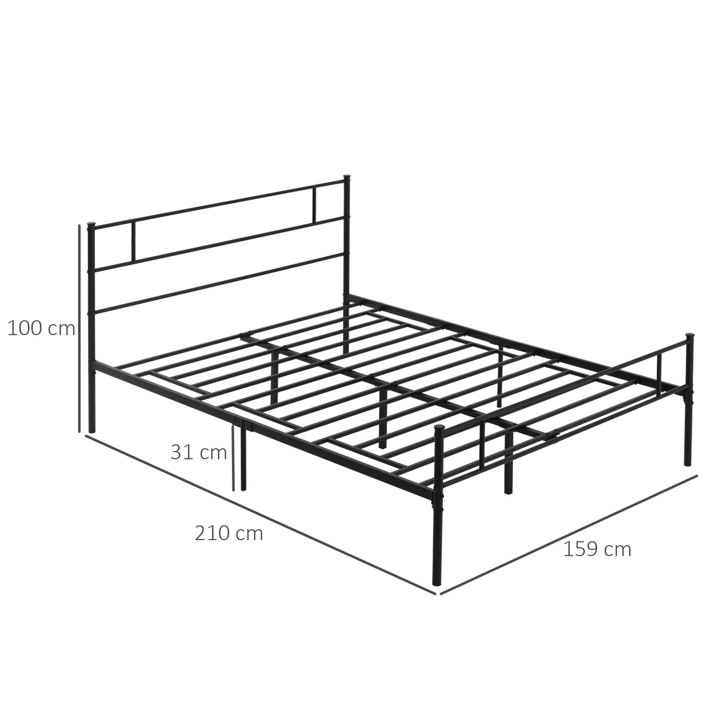 Black Double Bed in Metal/Steel | 160x200cm with Slats, headboard and footboard