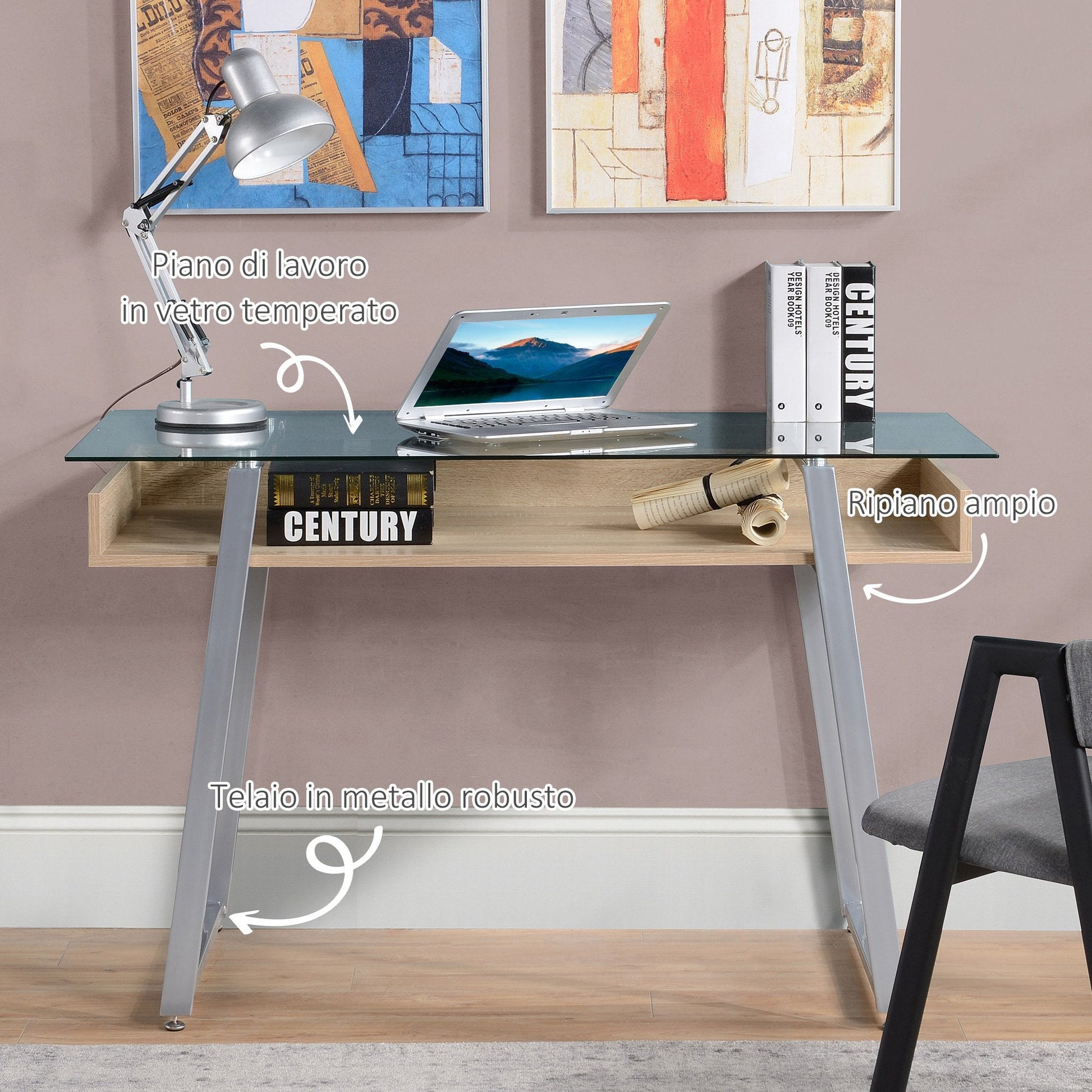 Design desk desk with 9mm tempered glass top and wooden frame and steel, for office house - Borgè